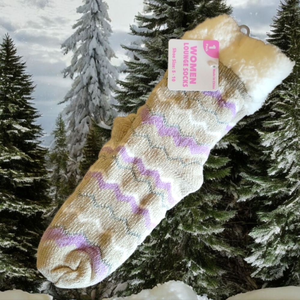 Women Fleece Lined Lounge Socks Purple Lavender Silver Sparkle White  Stripes